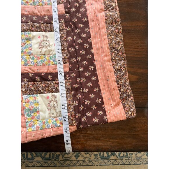 Vintage Handmade Quilt Jacket Brown Pink Floral Cat Mouse Zip Pockets Cottage - Picture 8 of 11
